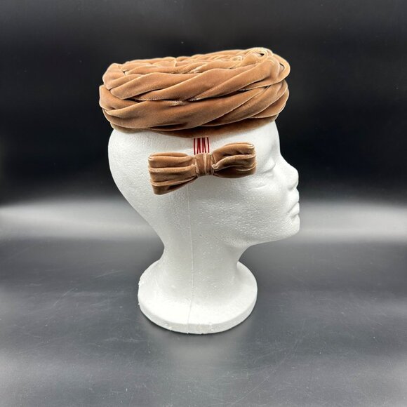 Vintage Pillbox Hat Bow Brown Velvet Junior B Retro Turban Style Mid Century - Picture 5 of 8